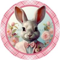 Pink Bow Tie Easter Bunny- Round Metal Wreath Sign 6