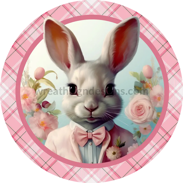 Pink Bow Tie Easter Bunny- Round Metal Wreath Sign 6