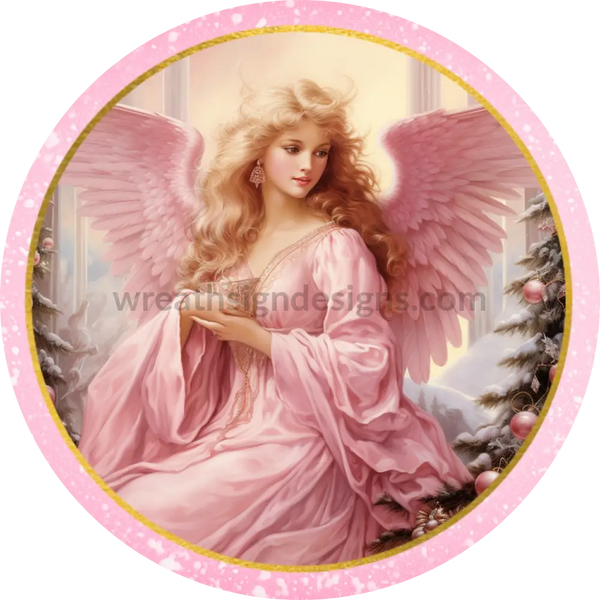 Pink Christmas Angel Round Metal Wreath Sign 8 Decor