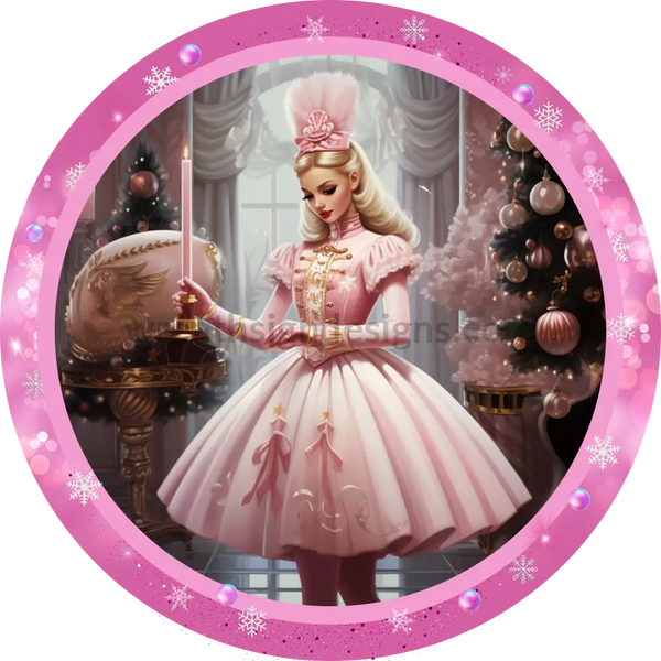 Pink Christmas Princess Nutcracker Round Wreath Sign 6