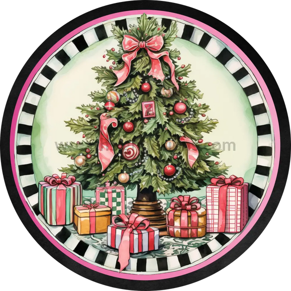 Pink Christmas Tree With Black And White Round Wreath Sign 6