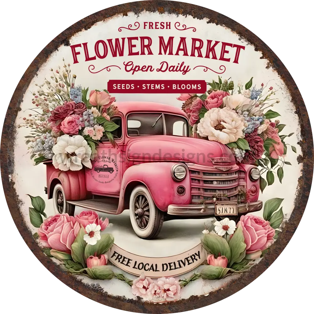 Pink Flower Market Vintage Truck With And Cream Florals Metal Sign 6