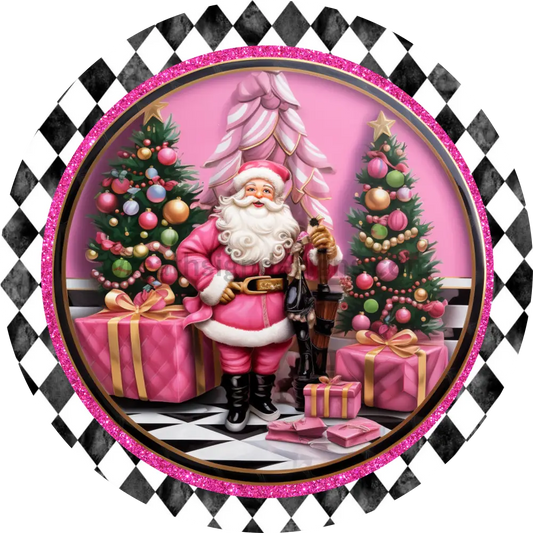 Pink Harlequin Santa Round Wreath Sign 6