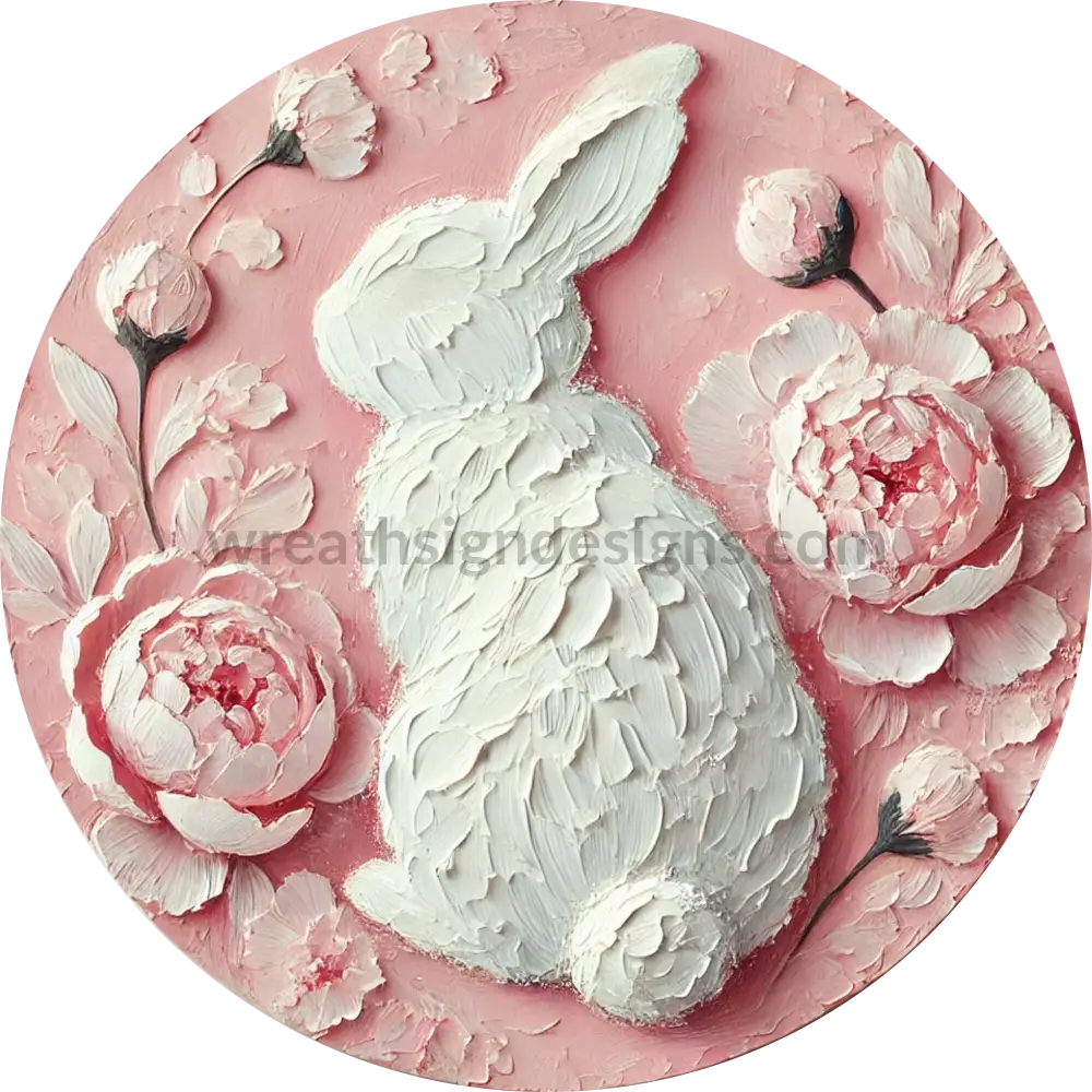 Pink Peonies Bunny- Round Metal Easter Wreath Sign