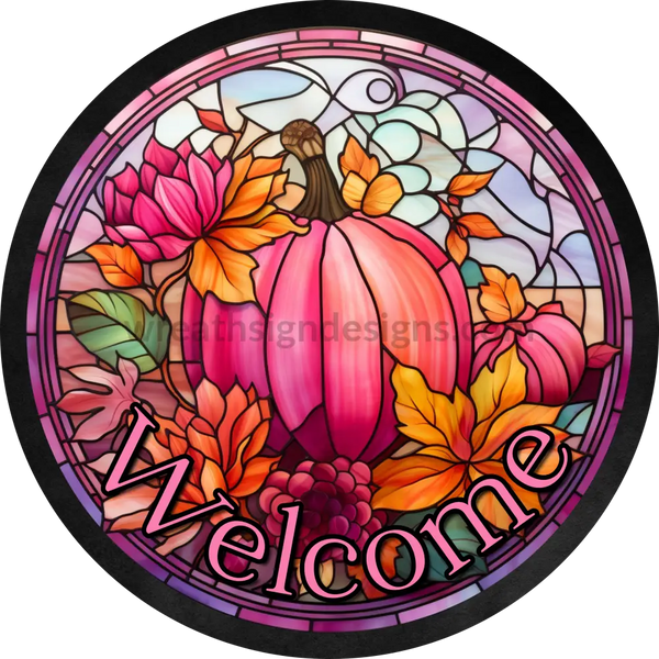 Pink Pumpkin Faux Stained Glass- Metal Wreath Sign 8