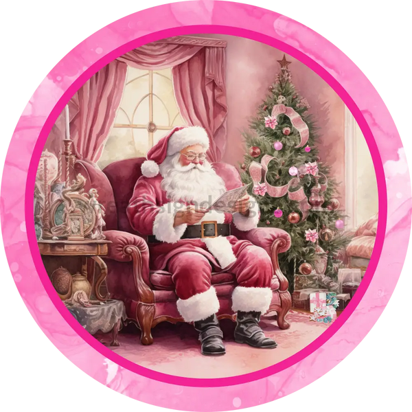 Pink Reading Santa Christmas Round Wreath Sign 6