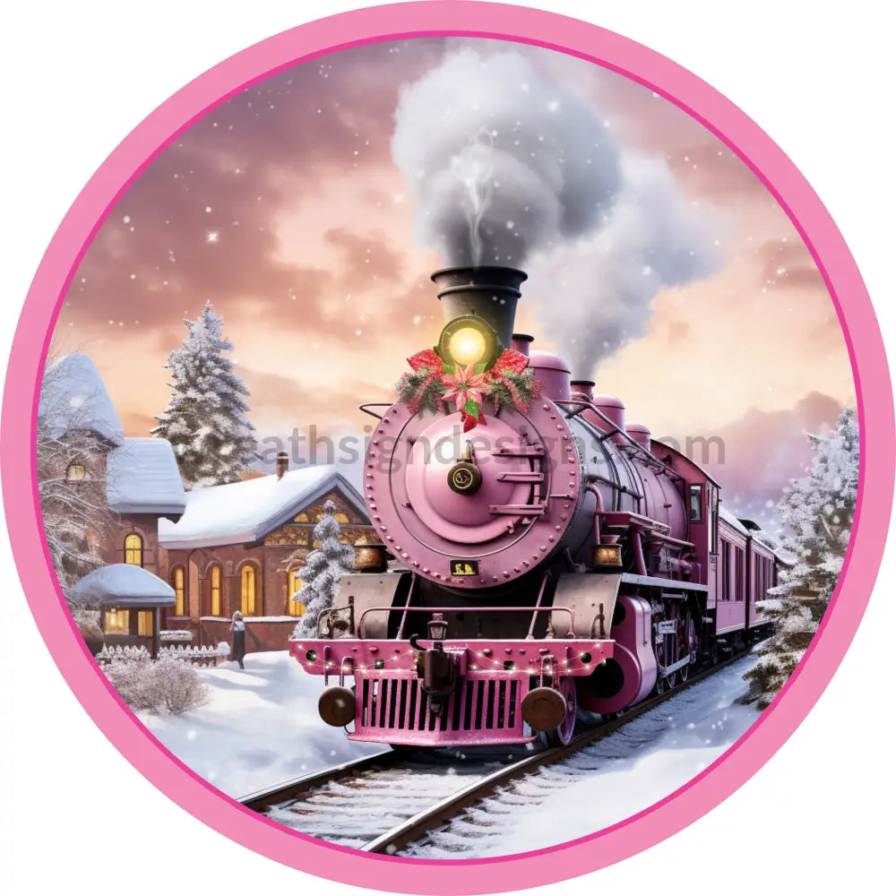 Pink Snowy Christmas Train- Metal Wreath Sign 6 Decor