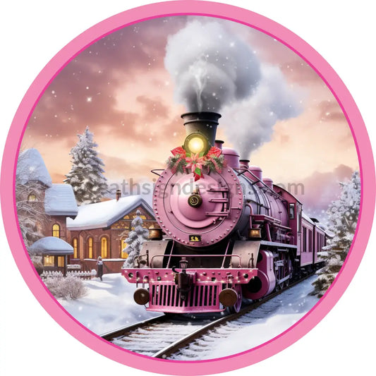 Pink Snowy Christmas Train- Metal Wreath Sign 6 Decor