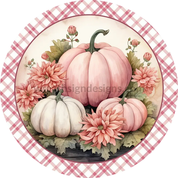 Pink Vintage Pumpkins Round Metal Wreath Sign