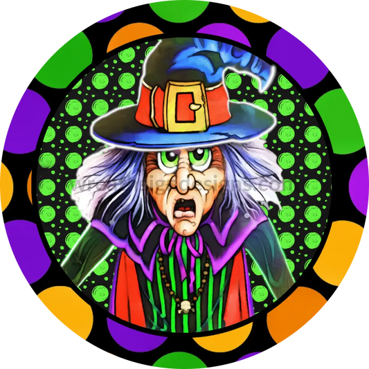 Polka Dot Witch- Halloween- Metal Sign 8 Circle