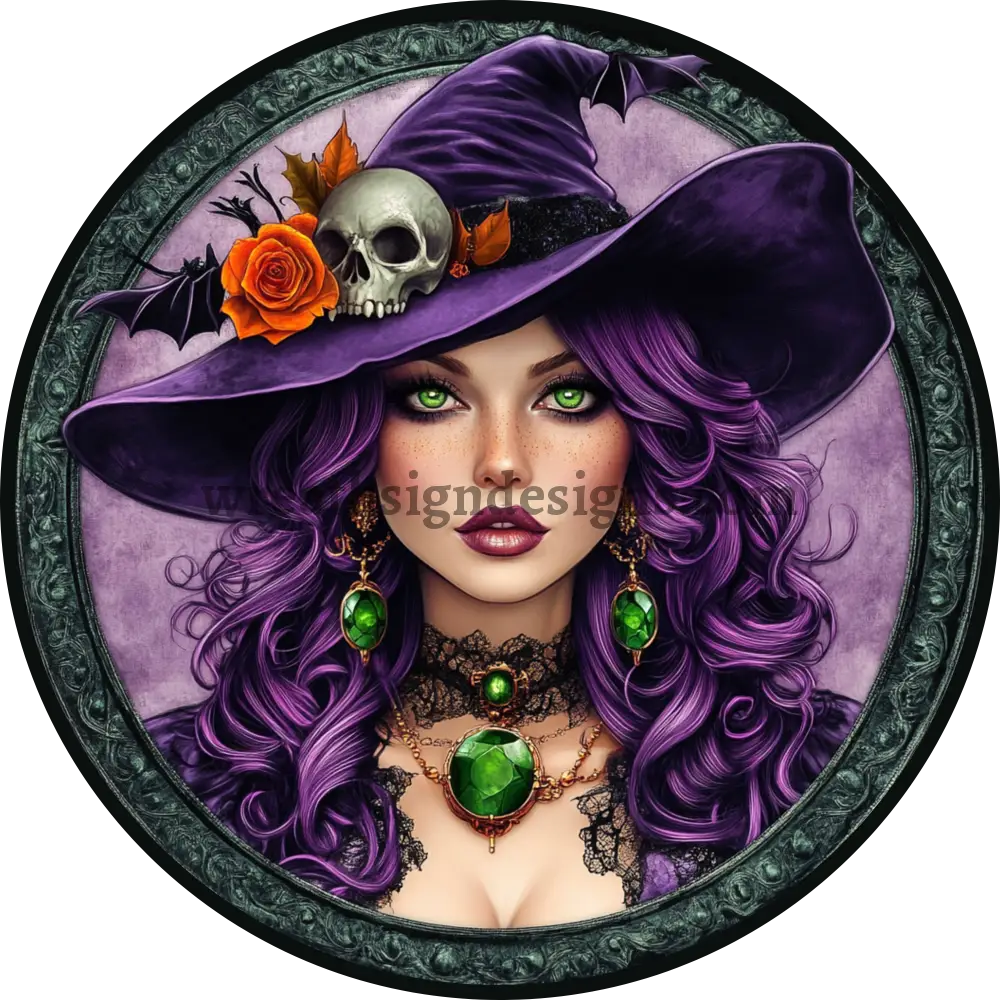 Purple and emerald Witch Halloween Metal Wreath Sign MS-1362 8’’