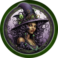 Purple And Green Witch Metal Wreath Sign- Circle 8