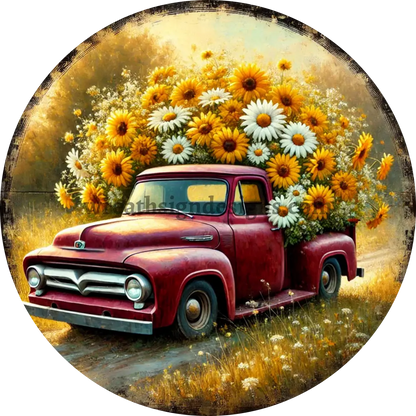 Red Daisy Flower Truck Metal Wreath Sign
