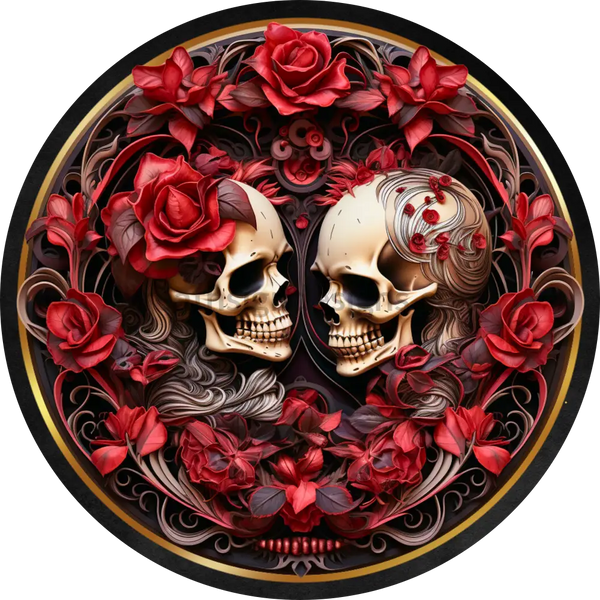 Red Roses Skull Couple Valentines Wreath Sign Metal 8