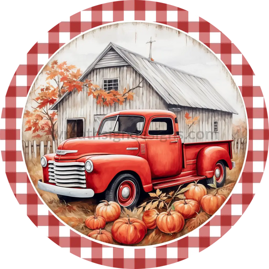 Red Vintage Pumpkin Truck Round Metal Wreath Sign 6