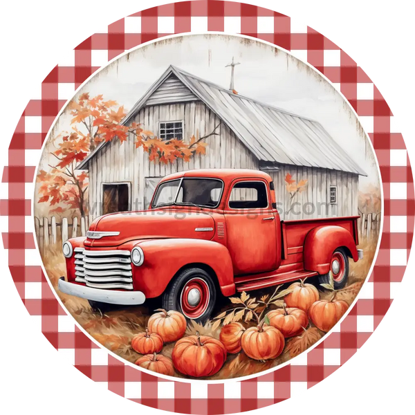 Red Vintage Pumpkin Truck Round Metal Wreath Sign 6