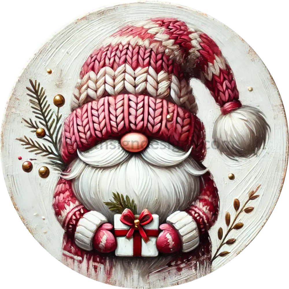 Red Winter Christmas Gnome- Metal Wreath Sign 10’’