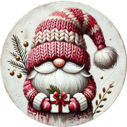 Red Winter Christmas Gnome- Metal Wreath Sign