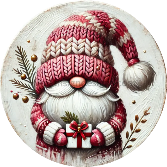 Red Winter Christmas Gnome- Metal Wreath Sign