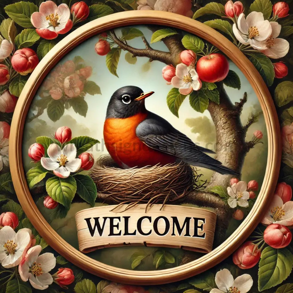 Robin In Apple Blossoms Metal Wreath Sign