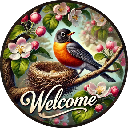 Robin In Apple Blossoms Round Metal Wreath Sign 10”