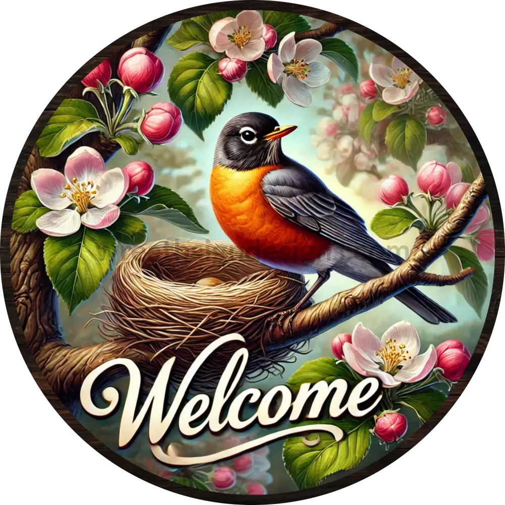 Robin In Apple Blossoms Round Metal Wreath Sign 11.75’’