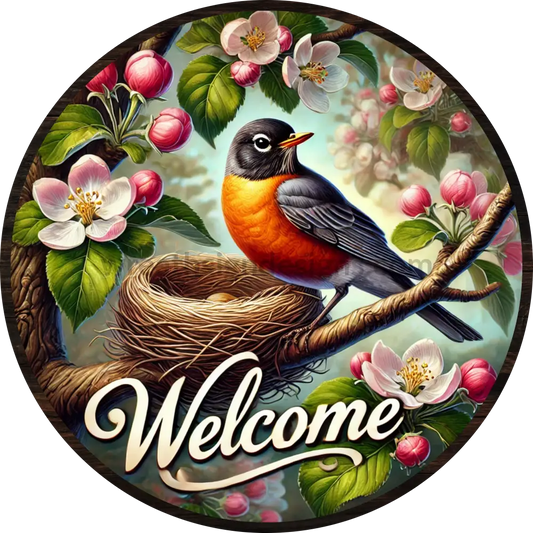 Robin In Apple Blossoms Round Metal Wreath Sign