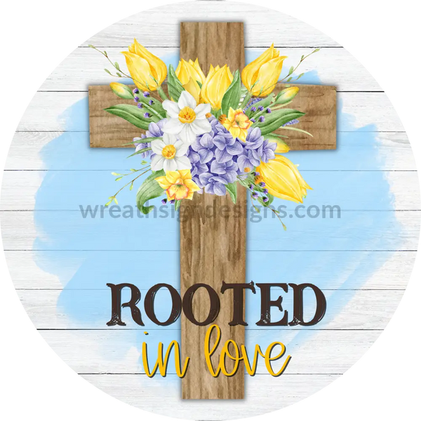 Rooted In Love Daffodil And Tulip Cross Metal Wreath Sign 8