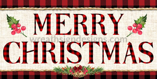 Rustic Merry Christmas Buffalo Plaid And Holly 12X6 Metal Wreath Sign