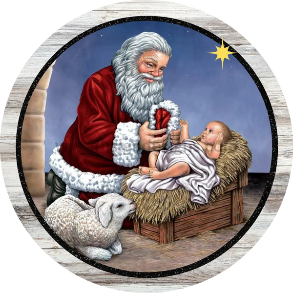 Santa And Baby Jesus Manger Round Metal Christmas Wreath Sign 8 Decor