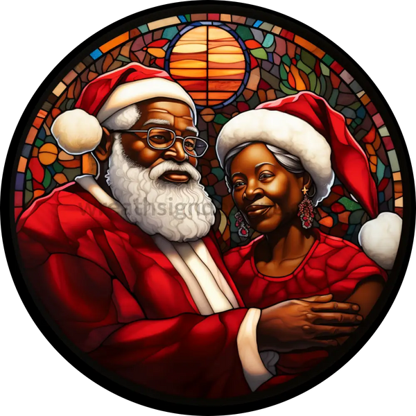Santa And Mrs. Claus Faux Stained Glass Christmas Round Wreath Sign 6