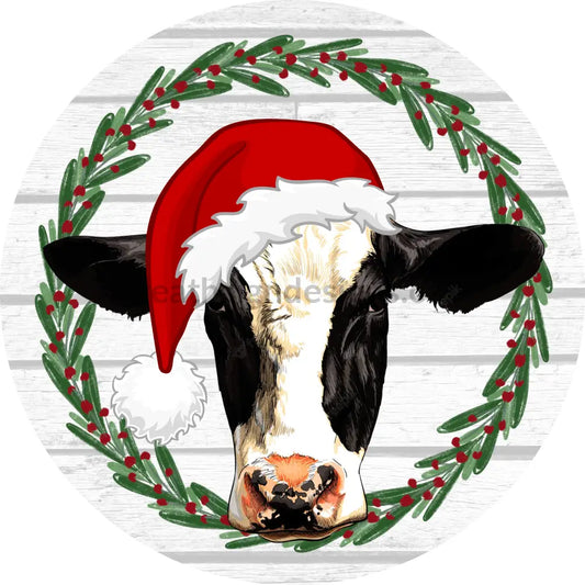 Santa Cow Round Christmas Metal Sign 8 Circle Decor