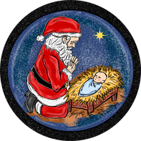 Santa Kneeling Baby Jesus Round Metal Christmas Wreath Sign 8 Decor