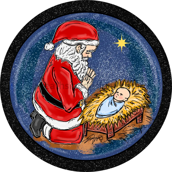 Santa Kneeling Baby Jesus Round Metal Christmas Wreath Sign 8 Decor