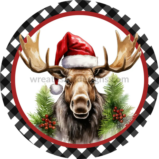 Santa Moose Black Plaid Wreath Sign 6