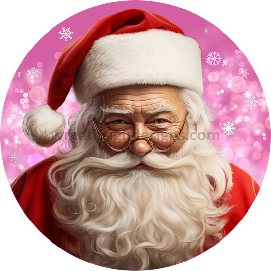 Santa On Pink Snow Background Christmas Round Wreath Sign 6