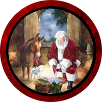 Santa With Baby Jesus- Stable- Round Metal Christmas Wreath Sign 8 Decor