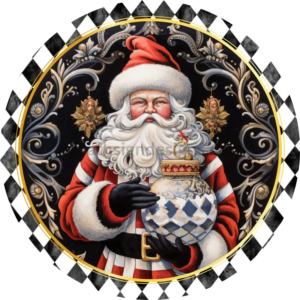 Santa With Harlequin Background Metal Wreath Sign 8