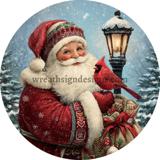 Santa with Winter Cardinal Christmas Round Metal wreath Sign MS-1574 Decor