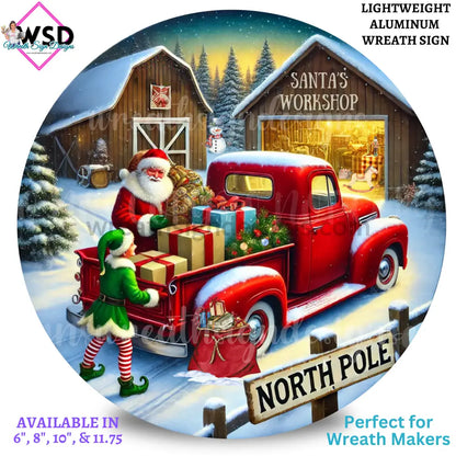 Santa’s Workshop Vintage Truck-Christmas Metal Wreath Sign 6’’