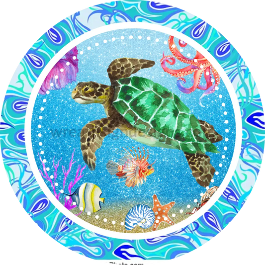 Sea Turtle - Summer Ocean Wreath Sign Round Metal Wreath Sign 6”