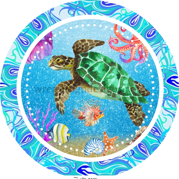 Sea Turtle - Summer Ocean Wreath Sign Round Metal Wreath Sign 6”