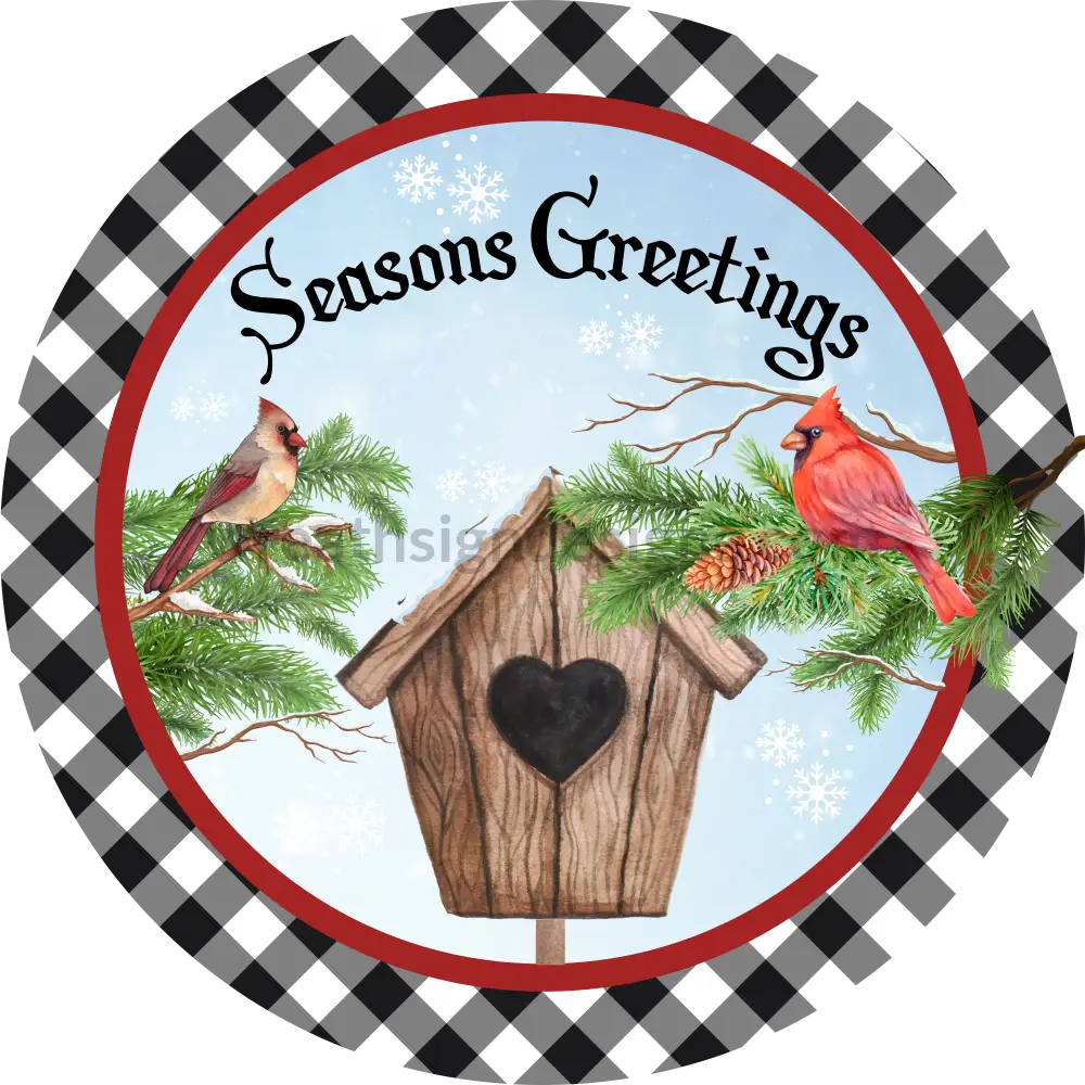 Season Greetings Cardinal Black And White Gingham-Round Metal Signs 6