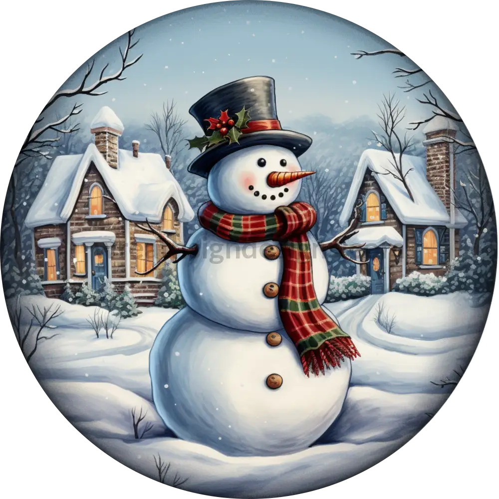 Snowman In Winter Scene Metal Wreath Signs 8 Circle