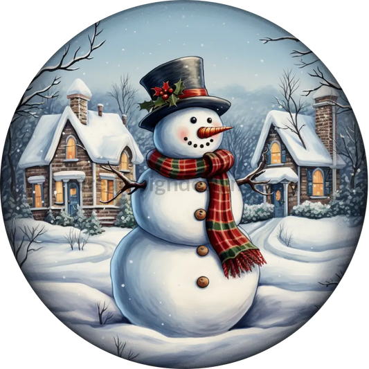 Snowman In Winter Scene Metal Wreath Signs 8 Circle