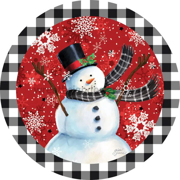 Snowman On Red With Black Gingham Border-Round- Metal Winter Wreath Signs 8