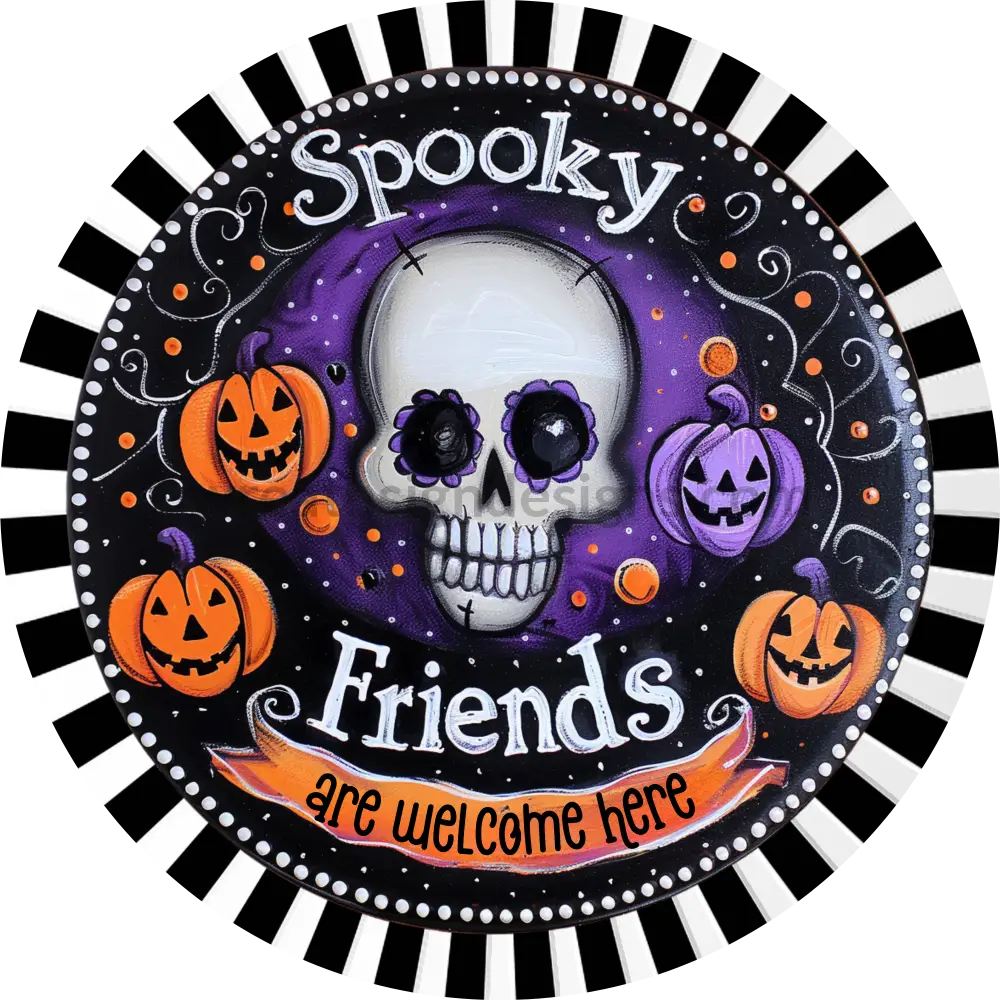 Spooky Friends Welcome Here Skull Halloween Wreath Sign Metal 10’