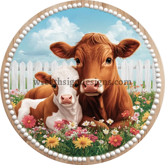 Spring Baby And Mom Cow Flowers Metal Wreath Sign