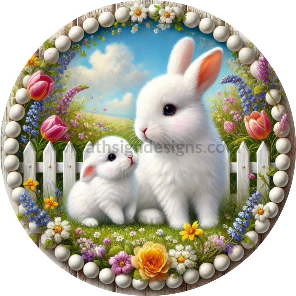 Spring Bunnies- Round Metal Easter Wreath Sign 10’’