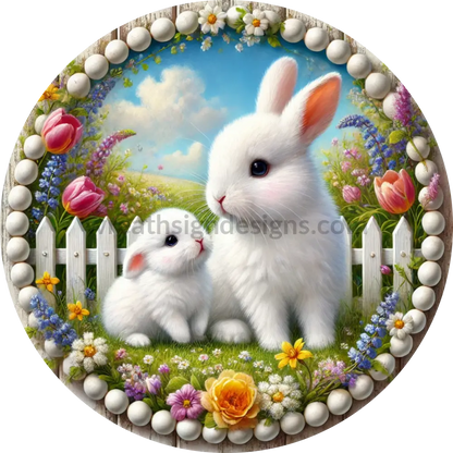 Spring Bunnies- Round Metal Easter Wreath Sign 10’’